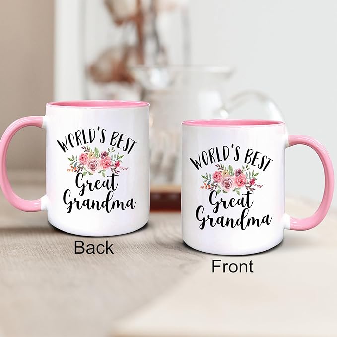QASHWEY World's Best Great Grandma Floral Coffee Mug, Great Grandma Mother's Day Birthday Gifts from Great Grandkids, Best Great Grandmother Gifts Double Side Printed Ceramic Mug Cup 11 Ounce(Pink)