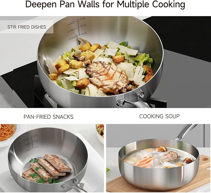 Tri-ply Stainless Steel Saute Pan 7.5-Quart with Clear Lid Deep Frying Pan for Chef's Cooking Wok Induction Oven Dishwasher Safe, Compatible with All Cooktops(Detachable Handle, 13Inch)