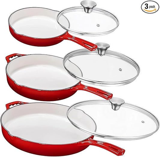 Bruntmor Set of 3 Enameled Cast Iron Skillets - Includes 8, 10, and 12 Inch Cast Iron Pan with Ceramic Nonstick Coating and Tempered Glass Lid - Durable Cookware for Frying, Baking, and Grilling - Red