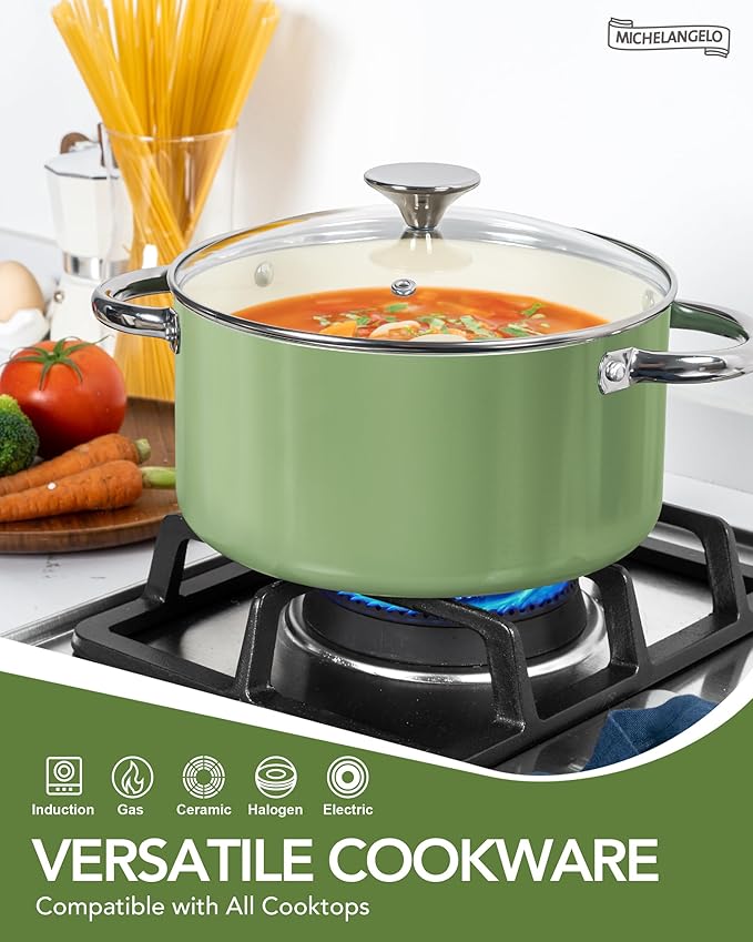 MICHELANGELO Pots and Pans Set Non Stick - Ceramic Cookware Set Non Toxic, 8-Pcs Nonstick Pots and Pans with Ergonomic Handle, Dishwasher Safe & Induction Compatible, Green