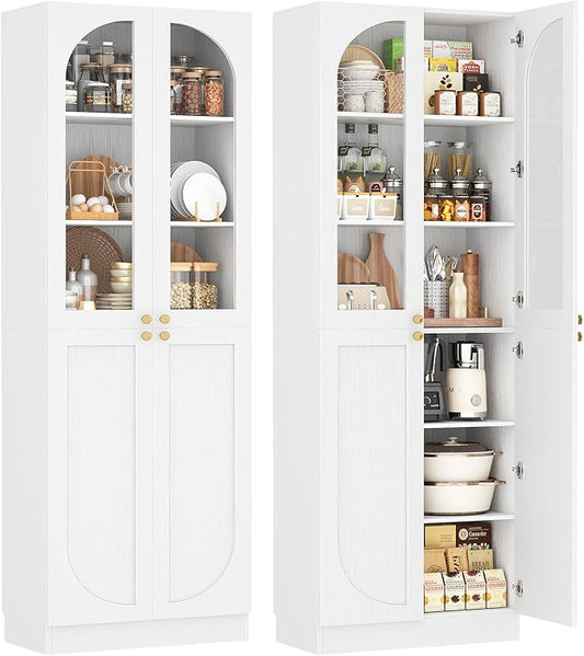 Cyclysio 80" Kitchen Pantry Cabinet, Tall Arch Storage Cabinet with Glass Doors, Freestanding Wood Floor Cupboard Bookcase with Seamless Fit Wall for Dining Room, Living Room, Bathroom (White)