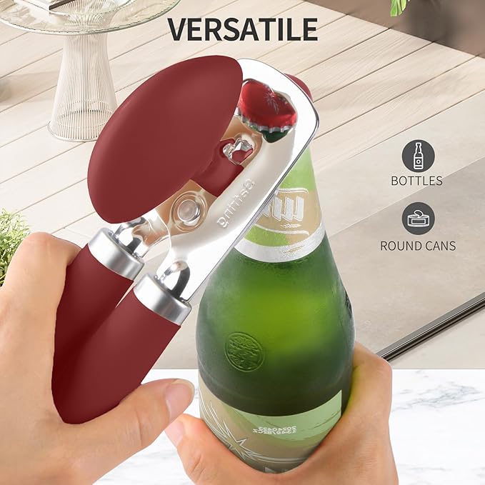Can Opener Manual, Heavy Duty Stainless Steel Smooth Edge Can Opener With Soft Touch Handle, Oversized Handheld Easy Turn Knob, Multi-Function Bottle Opener, Red