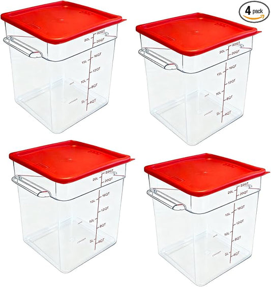 4 Pack Food Storage Containers with Red Lids, 22.0 Qt - Square, Clear, Polycarbonate, for Restaurant Commercial Kitchen and Home party