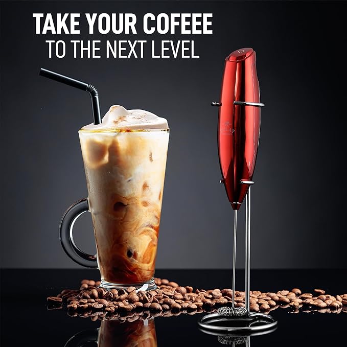 Zulay Kitchen Executive Series Luxury Gift Milk Frother ??Handheld Electric Foam Maker for Coffee, Lattes & Hot Chocolate ??Deluxe Finish, Great Fir for Coffee Lovers (Cardinal Red)