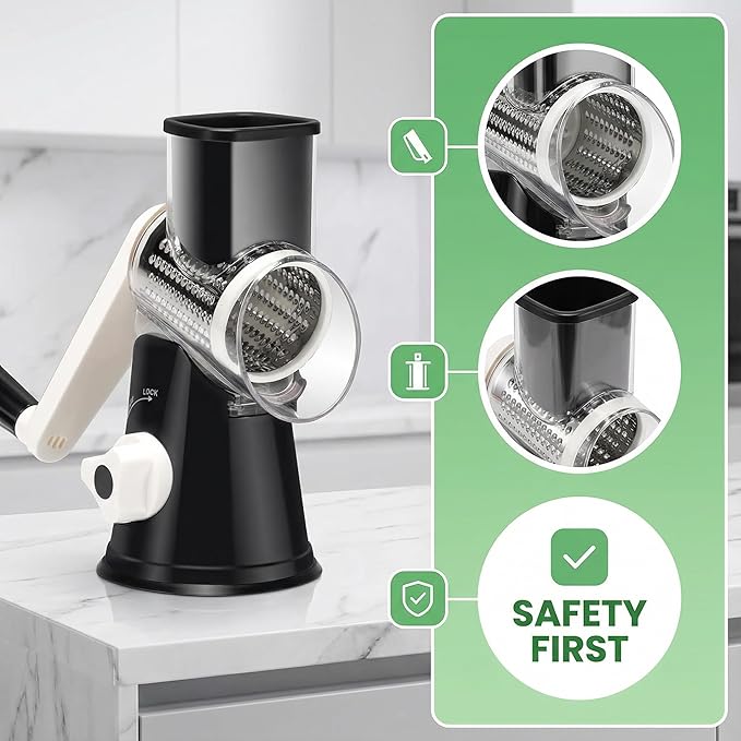 Manual Multi-Function Vegetable Slicer & Grater ??Interchangeable Blades for Shredding, Slicing, Shaving (Vegetables, Cheese, Nuts) (1, Black)