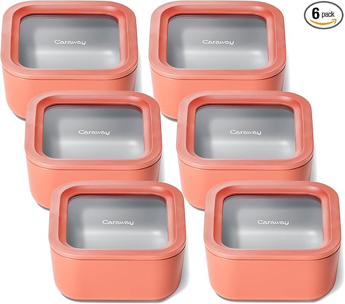 Caraway 6pc Glass Food Storage Set ??4.4 Cup Food Containers (6) - Ceramic Coated - Non Toxic, Non Stick with Lids - Microwave Safe - Perracotta