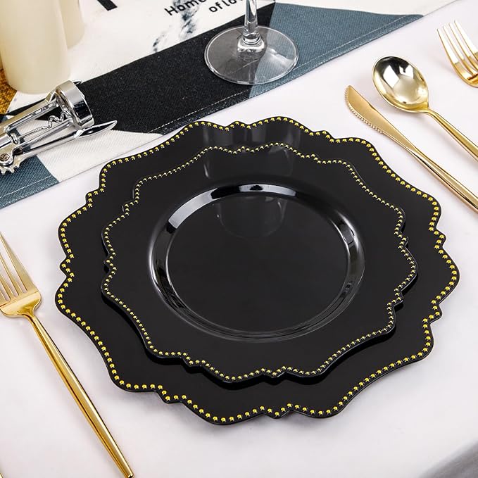 COLOSUS 60pcs Disposable Plastic Plates Set, Gold Black Party Plates, 30pcs Dinner Plates and 30pcs Salad/Dessert Plates for Wedding, Party, Anniversary, Daily Use竊똍ew Year