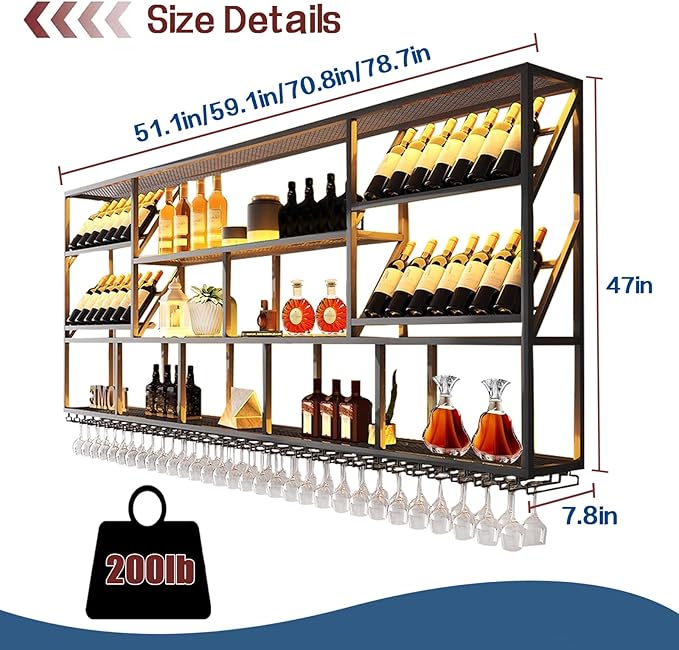 59.1in Wine Mounted Wine Rack, 3-Tier Metal Bar Shelves with Cups Hanging Holder, Large Modern Decorative Display Liquor Shelf, for Bar Dining Room Cafe (59.1" W)