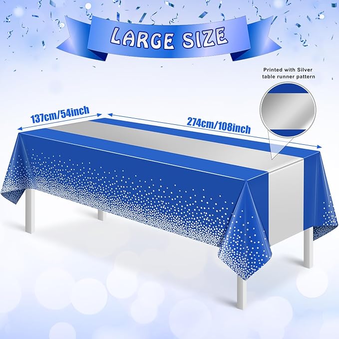 6Pcs Blue and Silver Tablecloth Party Decorations,Plastic Royal Blue Table Cloth Printed Silver Table Runner Disposable Rectangle Cover for Anniversary Wedding Graduation 2025 Party,54 x108 Inch