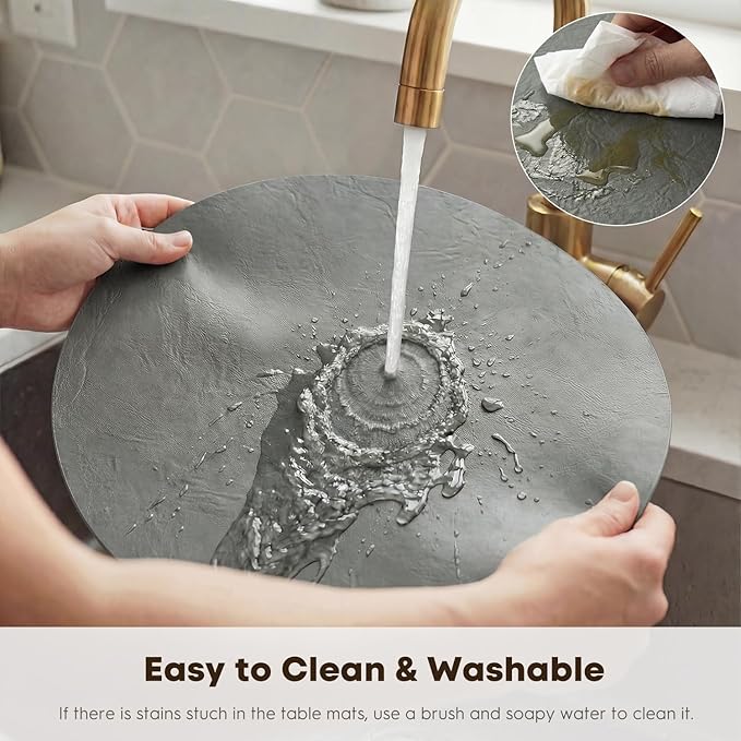 Artoid Mode Grey Faux Leather Placemats Set of 6, 15 Inch Waterproof Wipeable Heat Resistant Place Mats, Reversible Table Mats for Winter Kitchen Dining Decor