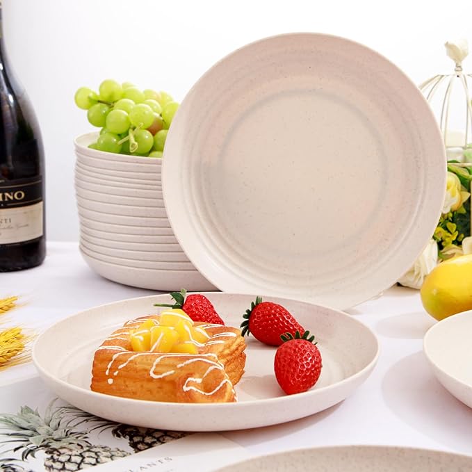 LIYH 20 Pcs Wheat Straw Plates - 9 Inch Unbreakable Dinner Plates - Dishwasher Safe Plastic Plate Reusable - Lightweight Plate for Kitchen Camping (Beige)