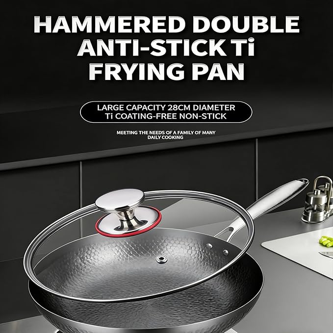Titanium Pan, 100% Pure Titanium Non-Stick Frying Pan with Lid, Durable Cookware Compatible with All Stovetops Including Induction, Oven Safe, No Coating & Scratch-Resistant (Single pot, 12.60in)