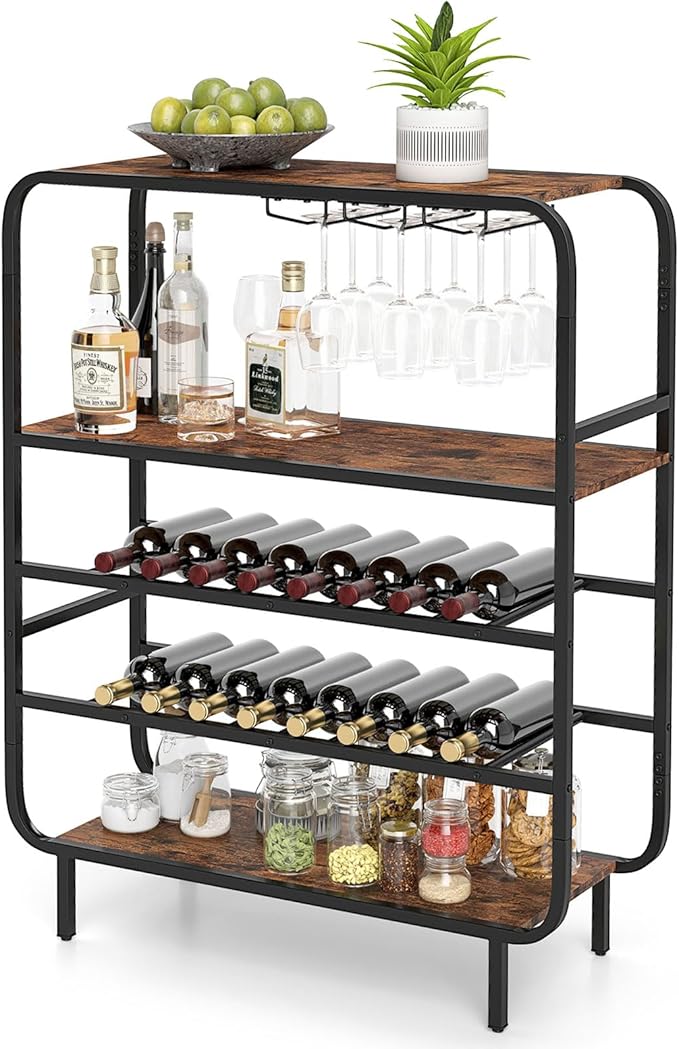 GOFLAME 16 Bottle Wine Rack, Freestanding Floor 5-Tier Wine Display Shelf w/Glass Holders, Metal Frame Industrial Liquor Display Stand with Storage Shelf for Kitchen, Home Bar