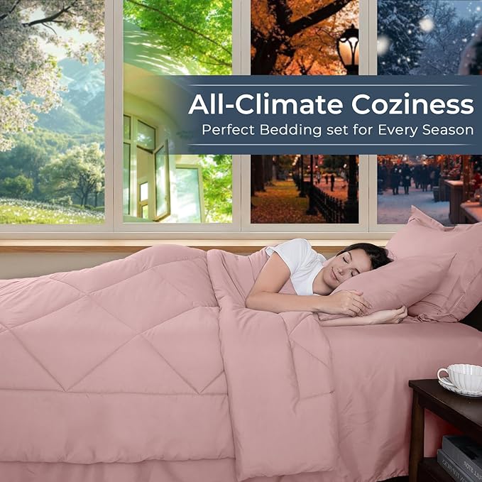 HEVUMYI Dusty Pink Cali-King Comforter Set - 7-Piece All Season Bed in a Bag Cali-King, Ultra Soft Bedding Set with Comforter, Flat Sheet, Fitted Sheet, Pillowcases, Pillow Shams