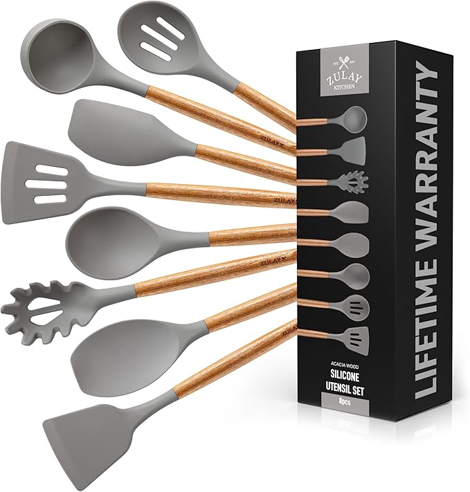 Zulay Kitchen Utensils Set Non-Stick Silicone Cooking Utensils Set with Authentic Acacia Wood Handles - 8 Piece Set - Silicone Kitchen Utensils Set with 464째F Heat Resistance - Gray