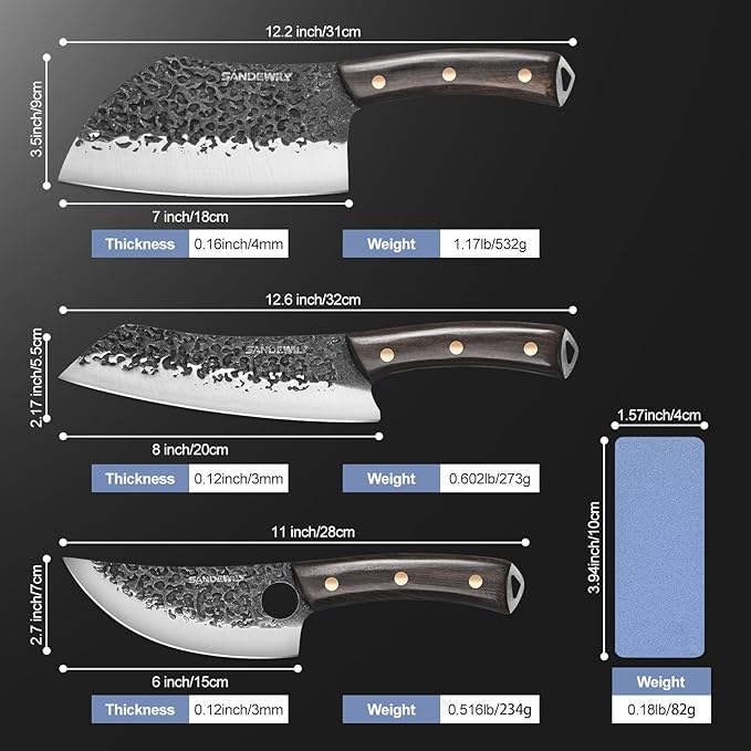 Hand Forged Butcher Knife Set, 7" Meat Cleaver + 8" Chef Knife + 6" Viking Knife, Full Tang High Carbon Steel, Wooden Handle, Whetstone, Durable for Meat Cutting, BBQ and Outdoor Cooking