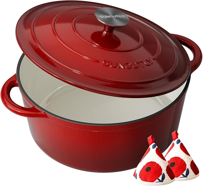 Enameled Cast Iron Dutch Oven - 4.5QT Pot with Lid & Cotton Potholders - Heavy-Duty Cookware for Braising, Stews, Roasting, Bread Baking, Oven Safe up to 500째F & Suitable for All Cooktops, Cherry Red