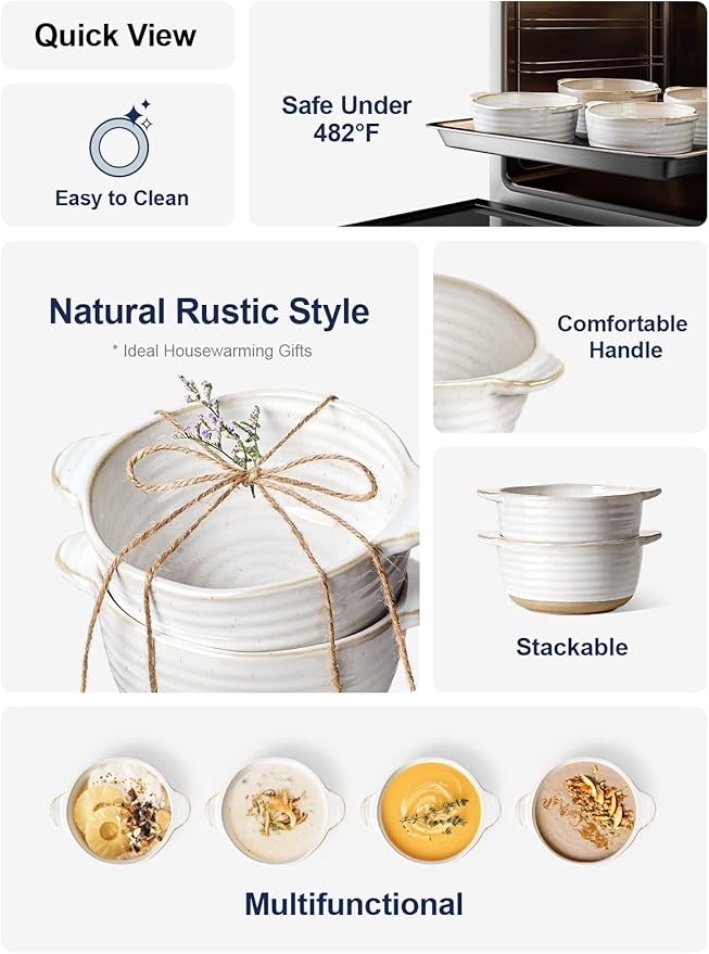 LE TAUCI Soup Bowls with Handles, 20 oz French Onion Soup Crocks, Soup Bowl Oven Safe for Chili, Beef Stew, Ceramic Bowl Set - 5.5 Inch, Set of 4, Arctic White