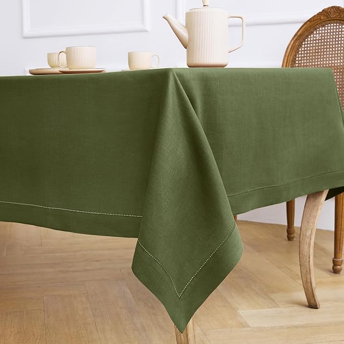 Solino Home Olive Linen Tablecloth 60 x 144 Inch - 100% Pure Linen Classic Hemstitch Table Cloth for Rectangle Tables - Machine Washable Tablecloth for Wedding, Parties, St Patricks Day