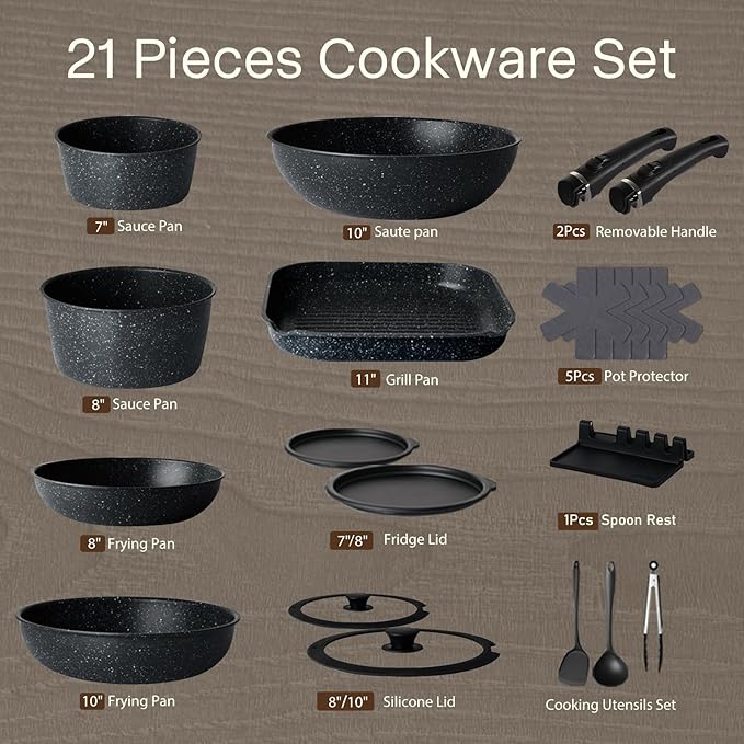 Pots and Pans Set Non Stick, Ceramic Cookware Sets 21 PCS, Granite Induction RV Kitchen Portable Stackable Cooking Set Removable Handles, Dishwasher 竊?Oven Safe, Black