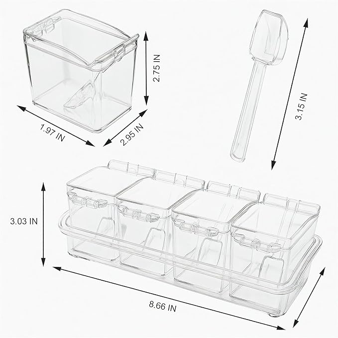 Clear Seasoning Box, 4 Pieces Seasoning Rack Spice Pots with Lids and Spoons, Toppings Containers, Acrylic Seasoning Box for Salt Spice, Pepper, Sugar, Cardamon, Cinnamon