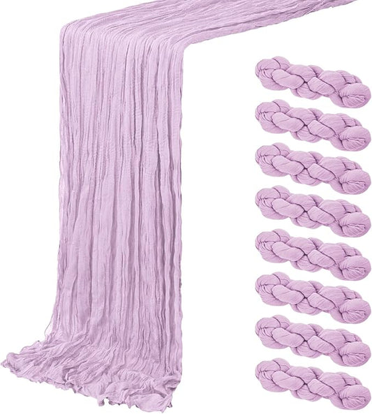 8 Pack Lavender Cheesecloth Table Runner 20 x 120 inch Gauze Table Runners 10 FT Long,Semi Sheer Boho Cheese Cloth Fabric Table Runner Bulk for Wedding,Party,Baby Shower,Bridal Shower Decoration