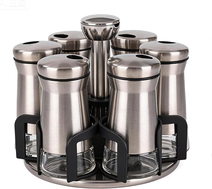 360째 Rotating Spice Rack竊똕pice Rack Organizer for Cabinet - Includes 6pcs Glass Spice Jars and Labels,Spice Storage, Cooking, Outdoor BBQ,(Spices Not Included) (Modern)