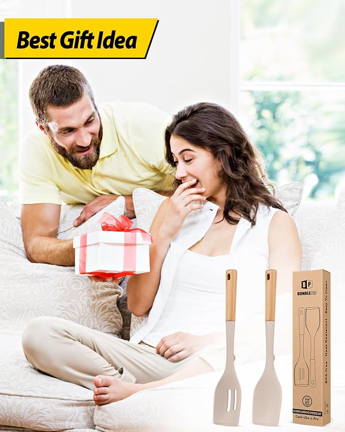 Pack of 2 Large Silicone Cooking Spoons, Heat Resistant Non Stick Kitchen Utensils with Wooden Handle, Ideal for Mixing, Stirring, Serving, Cooking(KHAKI)