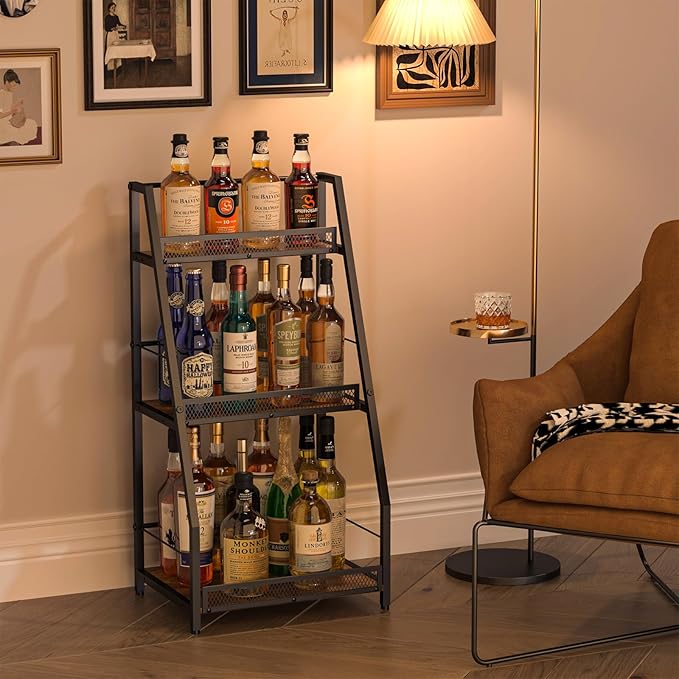 3-Tier (Safe Height for Kids & Pets) Liquor Stand for Home Bar, Stepped Wine Rack Freestanding Floor for Liquor Whiskey Wine, Versatile Corner Wine Bottle Display Stand with Fences, Vintage Brown