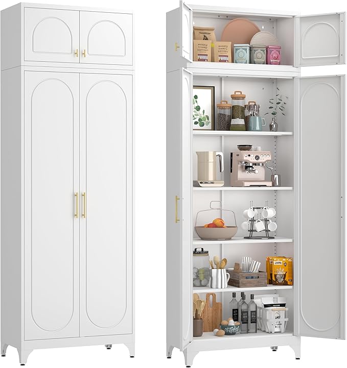90??Tall Kitchen Pantry Cabinet,Metal Storage Cabinet with Doors and Adjustable Shelves,Modern Kitchen Hutch Cabinets,Freestanding Cupboard for Dining Living Room