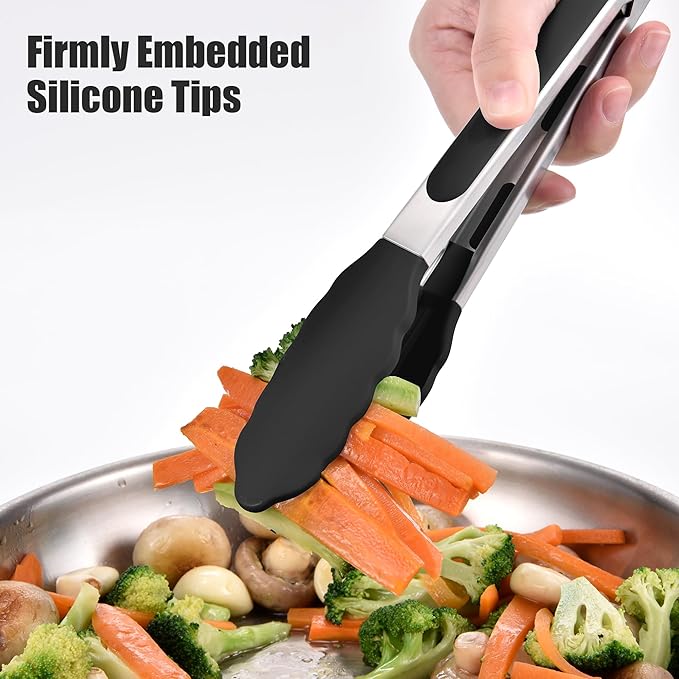 Doosu Kitchen Tongs for Cooking - 600째F Heat Resistant Food Tong Set with Non-Scratch Silicone Tips, Heavy Duty Stainless Steel Locking Tong for BBQ, Grilling Steak, Serving Salad (9+12in, Black)