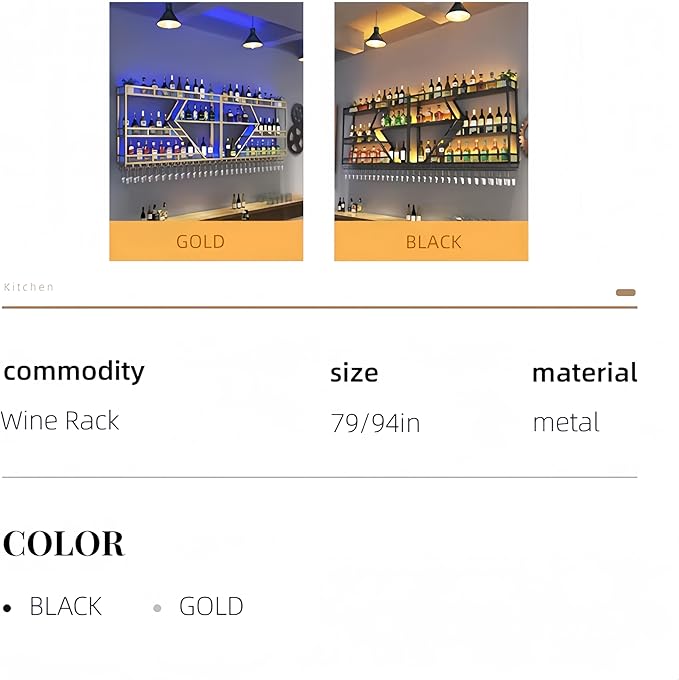 94 Inch Metal Wine Rack Wall Mounted, Modern Bar Shelves Wall Mounted Wine Rack with LED Light, Liquor Shelf Wall Mounted, Bar Shelves for Liquor Bottles (Black with Warm Led, 94-3 Tier)
