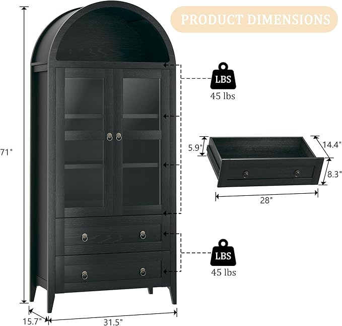 71" Tall Arched Kitchen Pantry, Arched Cabinet, Kitchen Storage Cabinets with 2 Large Drawers & Adjustable Shelves & Glass Door for Living Room, Dining Room, Black