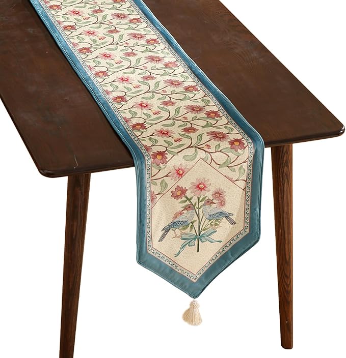 patdrea Designer French Elegant Wild Flowers Velvet Table Runner 118 Inch Long, Beige Pink Floral Table Mat, Decoration for Kitchen Dining Coffee Table Cabinet Banquet Thanksgiving,12"*118"