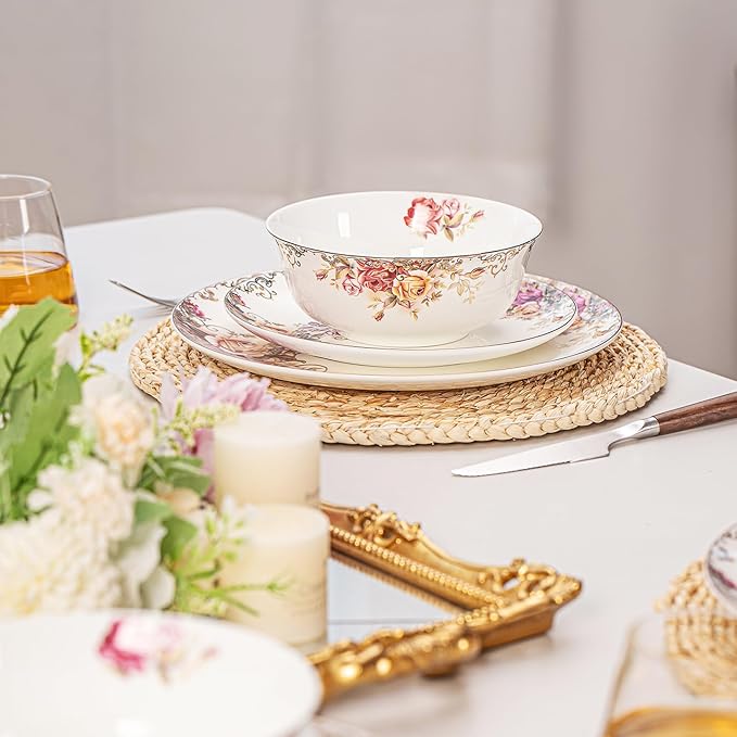 FHGNYSM Dinnerware Sets, Plates Set, with Bowels, Artistic 12-Piece Ceramic Dinnerware, for Home Restaurant, Chip and Scratch Resistant, Microwave and Dishwasher Safe, Rose Collection