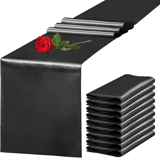 Yblut 10 Pack Satin Table Runner 12 x 108 Inch Long Black Silk Table Runner for Wedding Party Banquet Birthday Decoration