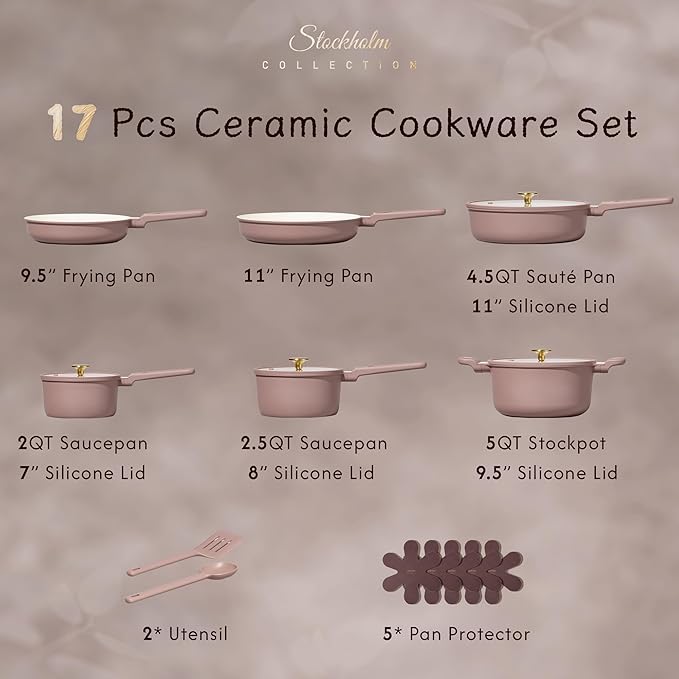 CAROTE Ceramic Cookware Set, Pots and Pans Set Non stick, 17-Piece Induction Cookware, Non toxic Healthy Non Stick Kitchen Cooking Set, with Frying Pans Set,Large Capacity Soup Pot,Mauve Pink