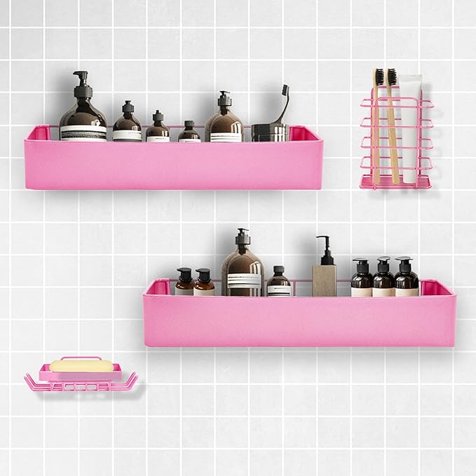 Premium Shower Caddy, 4 Pack Pink, Rustproof Stainless Steel, 25 lbs Weight Capacity, No Drill Installation
