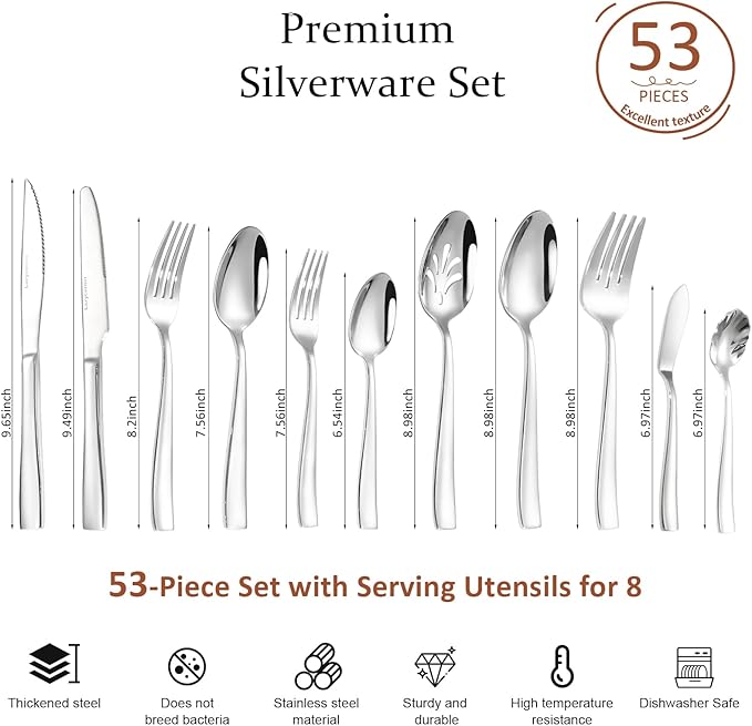 Lazycorner 53 Piece Silverware Set wiith Steak Knives and Serving Utensils 竊?8/10 Stainless Steel Flatware Set Mirror Polished Eating Utensils Sets Silverwear Cutlery Set, Dishwasher Safe