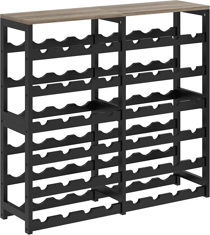 6 Tier Bamboo Wine Rack with Table Top, Freestanding 48-Bottle Wine Storage Shelf, Wine Display for Kitchen, Bar, Dining Room, Living Room, Ivory White and Black