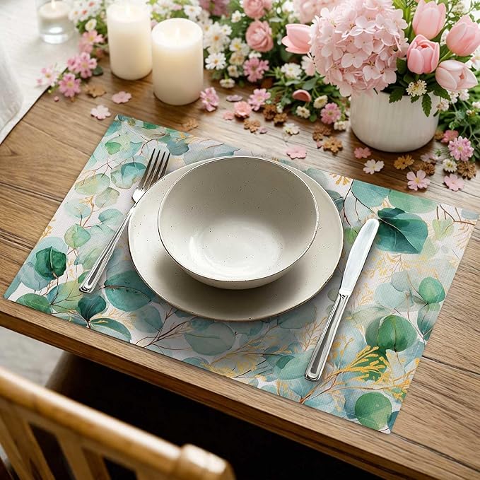 Jauageon Green Eucalyptus Leaves Placemat Set of 4 Spring Plants Placemats Spring Summer Table Mats for Indoor Outdoor Home Party Kitchen Dining Decor Farmhouse Burlap Table Mats 12x18 Inch