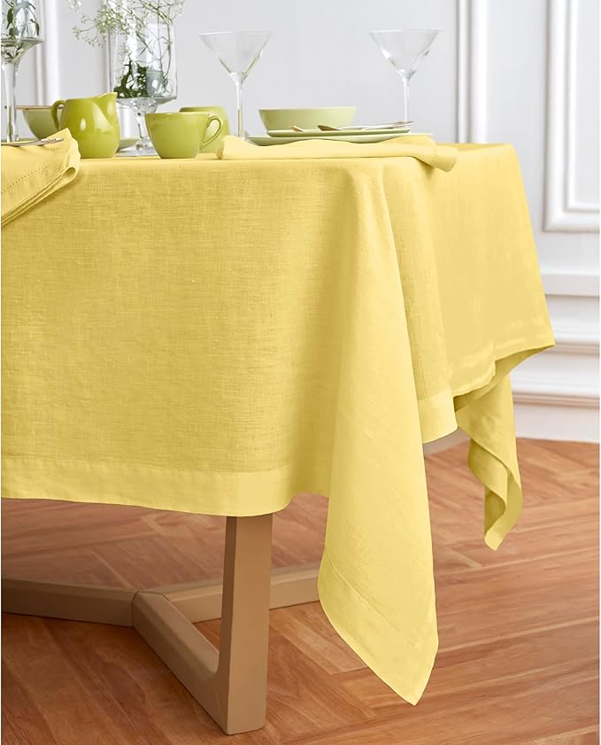 Solino Home Yellow Linen Tablecloth 70 x 126 Inch - 100% Pure Linen Rectangular Tablecloth - Machine Washable Table Cloth for Spring, Easter - Sonoma