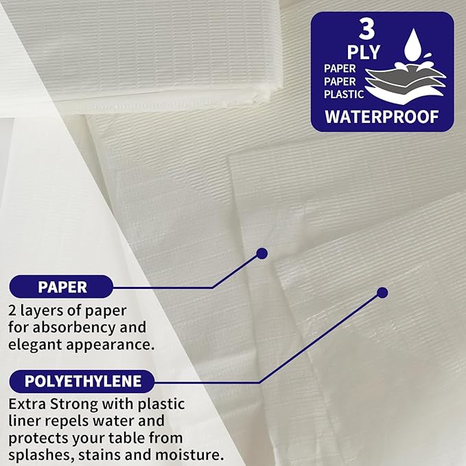 [6 Pack] Cream White Paper Tablecloth Disposable for Rectangle Tables, 54 X 108 Inch Party Table Cover with Plastic Backing, Waterproof 3 Ply Table Cloth for Wedding Banquet Event, New Pattern