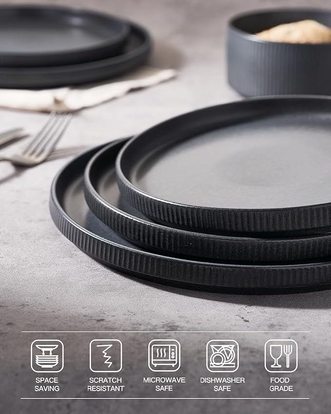famiware Star Dinner Plates for 6, 10 inches Plate Set, Scratch Resistant, Stoneware Dinnerware, Kitchen Modern Rustic Serving Dishes, Matte Dark Charcoal (Full Glaze)