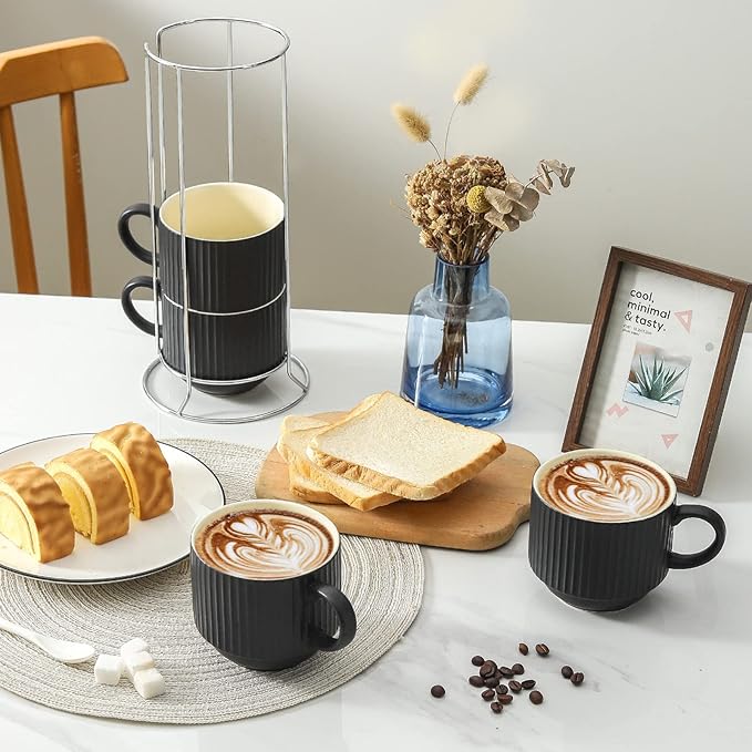 HASENSE Coffee Mug Ceramic Set of 4 with Stand - 15 oz Stackable Large Porcelain Ribbed Latte Cup Set for Cappuccino, Tea, Hot Cocoa, Drinks - Dishwasher & Microwave Safe, Black