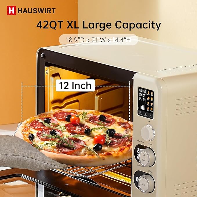 Hauswirt Toaster Oven Air Fryer, XL Large Convection Oven Countertop Rotisserie Chicken 42Qt 3-Tier for 5-8 People, 8 Mode Smart Toaster Stainless Steel 80째F - 500째F Quick & Even Crisp - Ivory