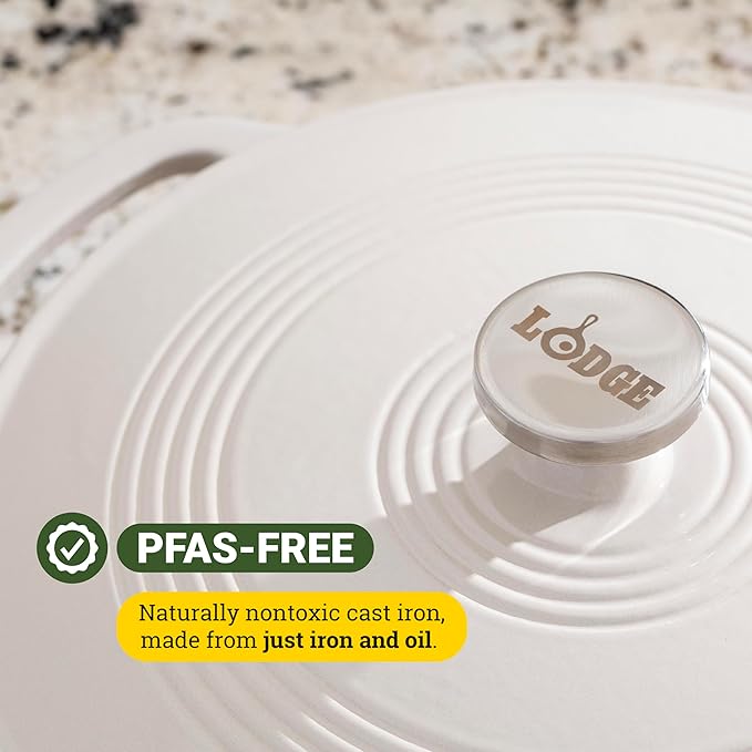 Lodge 3.6 Quart Enameled Cast Iron Oval Casserole With Lid??Dual Handles ??Oven Safe up to 500째 F or on Stovetop - Use to Marinate, Cook, Bake, Refrigerate and Serve ??Oyster White