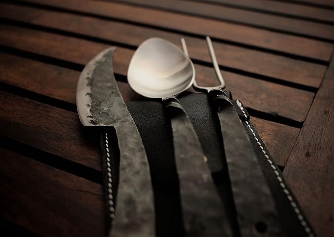 Handforged Medieval Cutlery Set - Stainless Steel Knife, Fork and Spoon Set - Includes Genuine Leather Utensil Pouch
