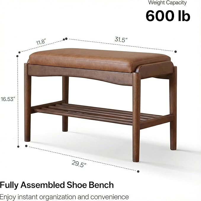 Vadisun Black Walnut Shoe Bench Assembled, Solid Wood Shoe Rack Bench with Silicone Leather Cushion for Entryway, Living Room, Bedroom, Hallway