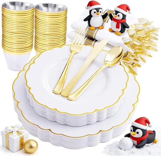 Morejoy 175PCS Gold Plastic Plates竊똚hite Gold Disposable Plates with Pre Rolled Napkins:25 Dinner Plates,25 Dessert Plates,25 Spoons,25 Forks,25Knives,25Cups,25Napkins for Party & Christmas